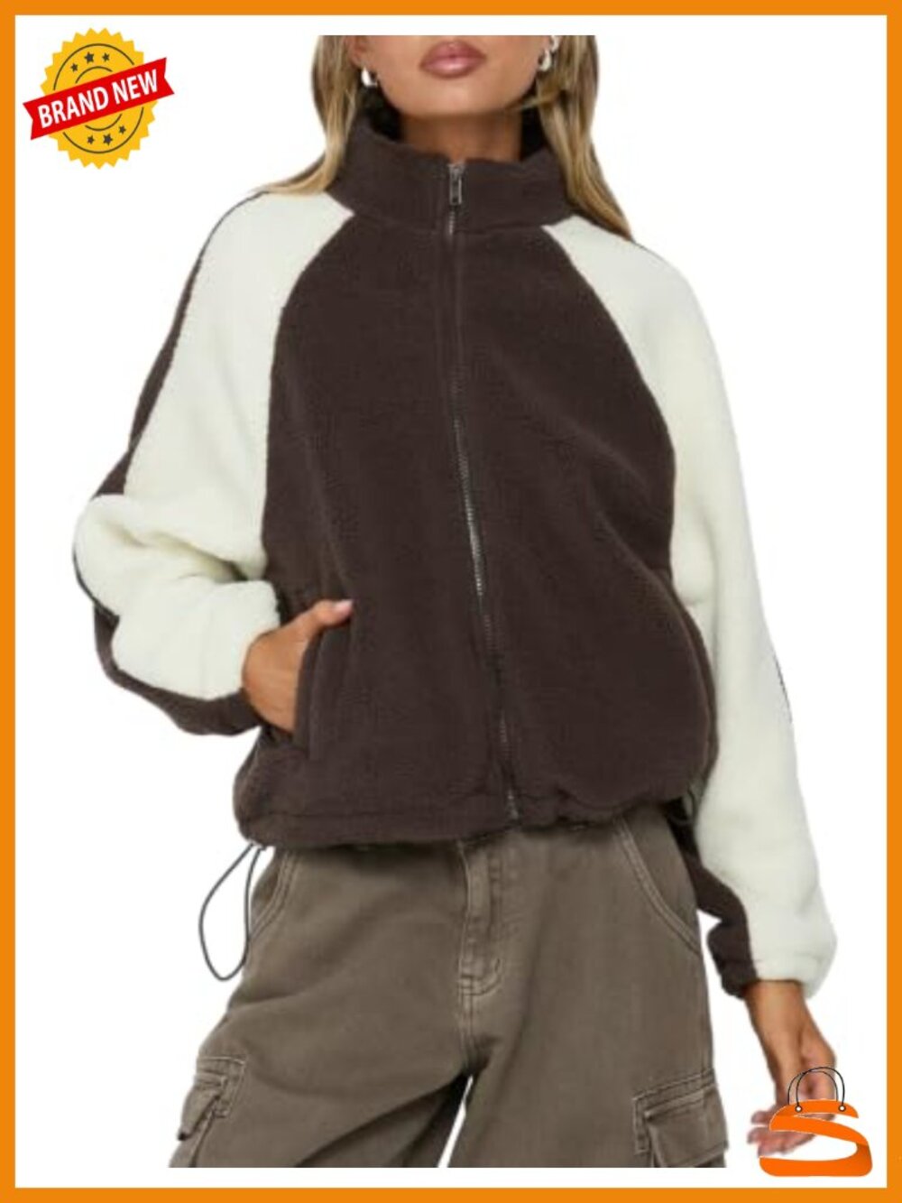 Sherpa Fleece Zip Up Jacket Color Block Warm Coat